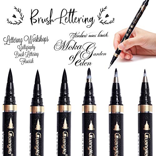 6 Pcs Calligraphy Pen, Hosung Refill Brush Marker Pens Black Hand Lettering Pens for Beginners Writing, Signature, Illustration, Design and Drawing, 4 Sizes