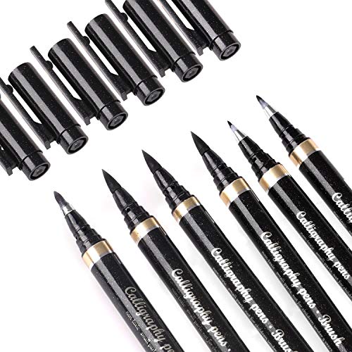 6 Pcs Calligraphy Pen, Hosung Refill Brush Marker Pens Black Hand Lettering Pens for Beginners Writing, Signature, Illustration, Design and Drawing, 4 Sizes