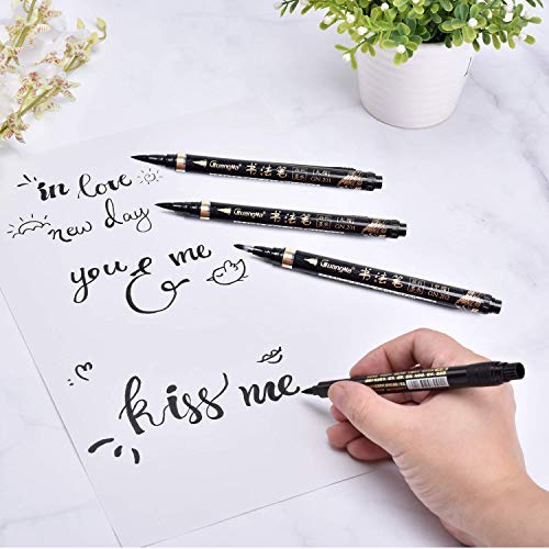 6 Pcs Calligraphy Pen, Hosung Refill Brush Marker Pens Black Hand Lettering Pens for Beginners Writing, Signature, Illustration, Design and Drawing, 4 Sizes