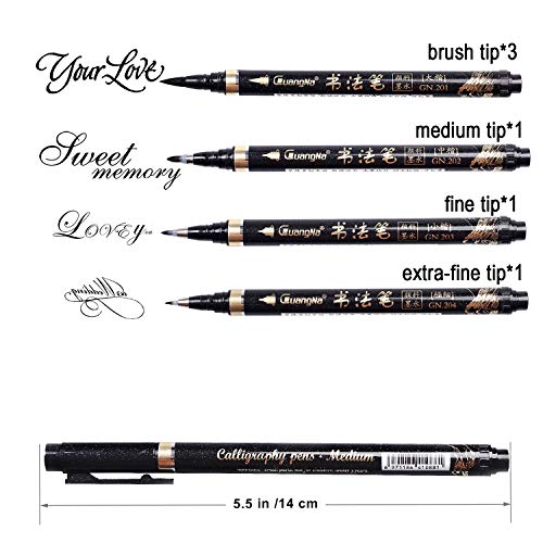 6 Pcs Calligraphy Pen, Hosung Refill Brush Marker Pens Black Hand Lettering Pens for Beginners Writing, Signature, Illustration, Design and Drawing, 4 Sizes