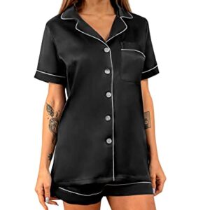 YIMANIE Womens Silk Satin Pajama Sets Two-piece Short Sleeve Shirt and Shorts Button Down Pj Set Loungewear Black