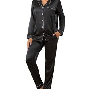 YIMANIE Womens Pajamas Silk Satin Pajama Sets for Women Soft Button Down Womens Loungewear Set with Pockets Black