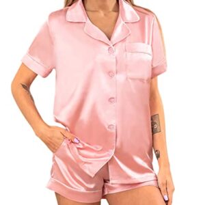 YIMANIE Womens Silk Satin Pajama Sets Two-piece Short Sleeve Shirt and Shorts Button Down Pj Set Loungewear Pink