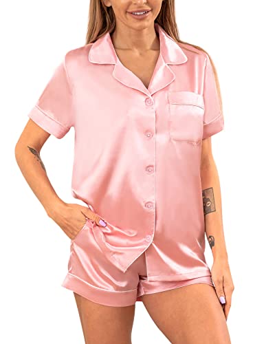 YIMANIE Womens Silk Satin Pajama Sets Two-piece Short Sleeve Shirt and Shorts Button Down Pj Set Loungewear Pink