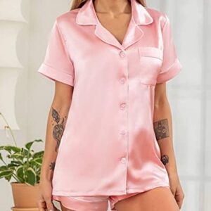 YIMANIE Womens Silk Satin Pajama Sets Two-piece Short Sleeve Shirt and Shorts Button Down Pj Set Loungewear Pink