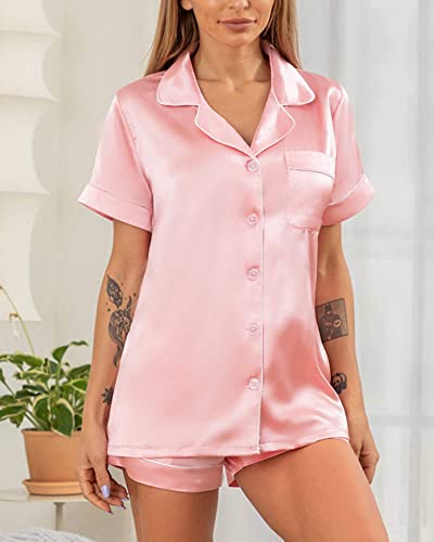 YIMANIE Womens Silk Satin Pajama Sets Two-piece Short Sleeve Shirt and Shorts Button Down Pj Set Loungewear Pink