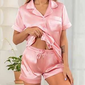 YIMANIE Womens Silk Satin Pajama Sets Two-piece Short Sleeve Shirt and Shorts Button Down Pj Set Loungewear Pink