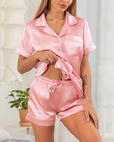 YIMANIE Womens Silk Satin Pajama Sets Two-piece Short Sleeve Shirt and Shorts Button Down Pj Set Loungewear Pink