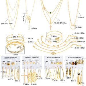 AROIC 38 PCS Gold Jewelry Set with 4 PCS Necklace,10 PCS Bracelet,24 PCS Layered Ball Dangle Hoop Stud Earrings for Women Girls Jewelry Fashion and Valentine Birthday Party Gift