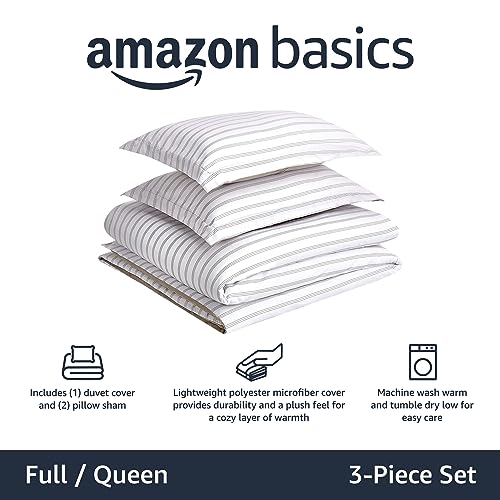 Amazon Basics Lightweight Microfiber Duvet Cover Set with Zipper Closure, Full/Queen, Taupe Stripe