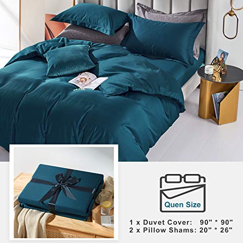 MILDLY Queen Duvet Cover Set Peacock Blue 100% Egyptian Cotton Comfortable Quilt Cover Set with Zipper Closure & Corner Tie (No Comforter)