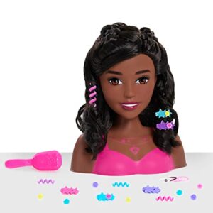 barbie fashionistas 8-inch styling head, dark brown, 20 pieces include styling accessories, hair styling for kids, by just play