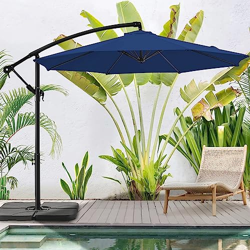 BLUU BANYAN 10 FT Patio Offset Umbrella Outdoor Cantilever Umbrella Hanging Umbrellas, 24 Month Fade Resistance & Water-repellent UV Protection Solution-dyed Fabric Canopy with Infinite Tilt, Crank & Cross Base (Navy Blue)