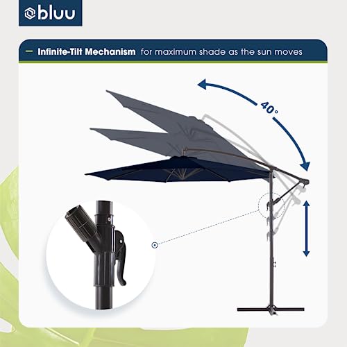 BLUU BANYAN 10 FT Patio Offset Umbrella Outdoor Cantilever Umbrella Hanging Umbrellas, 24 Month Fade Resistance & Water-repellent UV Protection Solution-dyed Fabric Canopy with Infinite Tilt, Crank & Cross Base (Navy Blue)