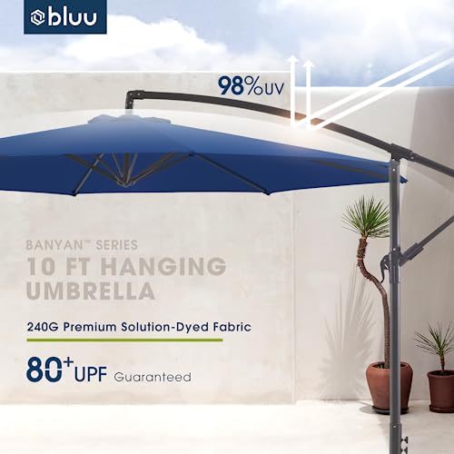 BLUU BANYAN 10 FT Patio Offset Umbrella Outdoor Cantilever Umbrella Hanging Umbrellas, 24 Month Fade Resistance & Water-repellent UV Protection Solution-dyed Fabric Canopy with Infinite Tilt, Crank & Cross Base (Navy Blue)