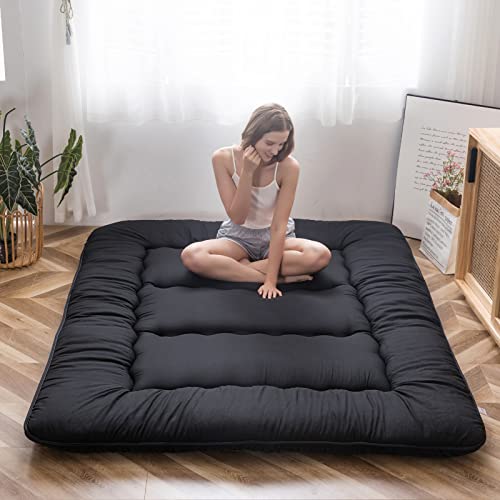 MAXYOYO Japanese Floor Mattress Futon Mattress, 4" Thicken Tatami Mat Sleeping Pad Foldable Roll Up Mattress Boys Girls Dormitory Mattress Pad Kids Floor Lounger Pillow Bed, Black, Twin Size