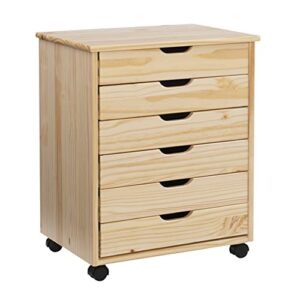 linon home decor products corinne six drawer wide, natural rolling cart