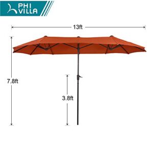 PHI VILLA 13ft Outdoor Market Umbrella Double-Sided Twin Large Patio Umbrella with Crank, Orange Red