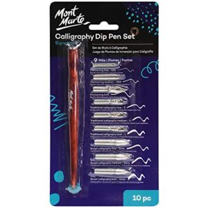 mont marte signature calligraphy dip pen set, 9 nibs, includes wooden dip pen handle, interchangeable nibs, suitable for all calligraphic writing styles