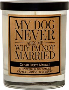 my dog never asks me why i'm not married, kraft label scented soy candle, orange, mango, goji berry, 10 oz. glass jar candle, made in the usa, decorative candles, funny and sassy gifts