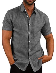 coofandy mens linen shirt textured designer western work regular fit, black, large, short sleeve