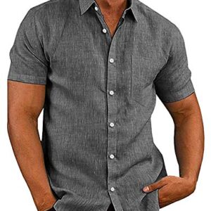 COOFANDY Mens Linen Shirt Textured Designer Western Work Regular Fit, Black, Large, Short Sleeve