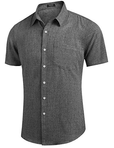 COOFANDY Mens Linen Shirt Textured Designer Western Work Regular Fit, Black, Large, Short Sleeve