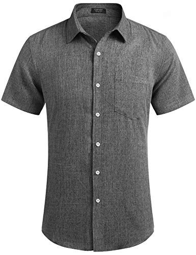 COOFANDY Mens Linen Shirt Textured Designer Western Work Regular Fit, Black, Large, Short Sleeve