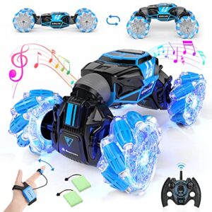 powerextra rc stunt car toys for 6-12 year old kids - big size 4wd remote control car - gesture sensor - double sided rotating rc car - lights, music - perfect for boys & girls' birthday