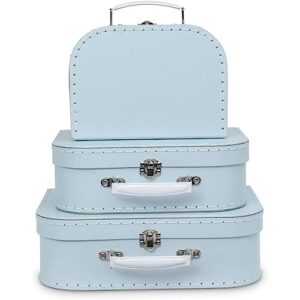 jewelkeeper paperboard vintage suitcase - set of 3 decorative vintage luggage - storage cardboard suitcase - mini luggage gift box for birthday or wedding - baby blue pastel design