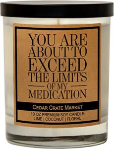 you are about to exceed the limits of my medication, kraft label scented soy candle, lime, coconut, floral, 10 oz. glass jar candle, made in the usa, decorative candles, funny and sassy gifts