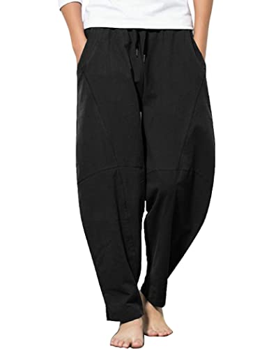 COOFANDY Men's Baggy Capri Trousers Drawstring Vacation Linen Beach Pants Summer Black