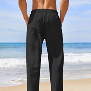 COOFANDY Men's Baggy Capri Trousers Drawstring Vacation Linen Beach Pants Summer Black