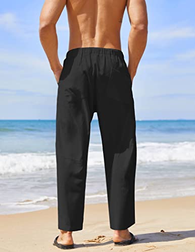 COOFANDY Men's Baggy Capri Trousers Drawstring Vacation Linen Beach Pants Summer Black