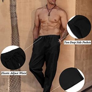 COOFANDY Men's Baggy Capri Trousers Drawstring Vacation Linen Beach Pants Summer Black