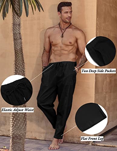 COOFANDY Men's Baggy Capri Trousers Drawstring Vacation Linen Beach Pants Summer Black