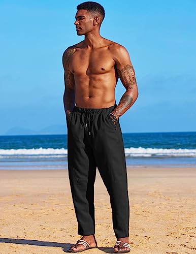 COOFANDY Men's Baggy Capri Trousers Drawstring Vacation Linen Beach Pants Summer Black