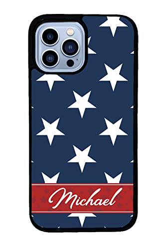 Red White and Blue Stars Personalized Apple iPhone Black Rubber Phone Case Compatible with iPhone 14 Pro Max, Pro, Max, iPhone 13 Pro Max Mini, 12 Pro Max Mini, 11 Pro Max X XS Max XR 8 7 Plus