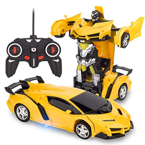 VLSEEK Remote Control Car, Rc Car Transform Robot Rechargeable 360°Rotating Stunt 1:18 Deformation Racing Car Toy with Cool Sound & Light, One Button Deformation into Robot