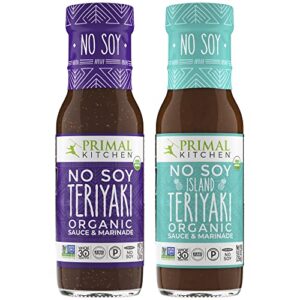 primal kitchen no-soy teriyaki sauce variety pack, whole30 approved, certified paleo, and keto certified, includes 1 island teriyaki & 1 original no soy teriyaki