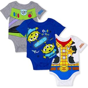 disney toy story woody, green aliens & buzz boys’ 3 pack bodysuit costume for newborn and infant – green/navy/white