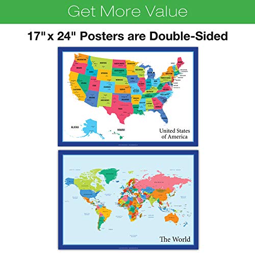 Global Printed Products 10 Extra Large USA Map and World Map Posters for Classroom, Office Decorations and Home 24x17 inch Double Sided (Pack of 10)