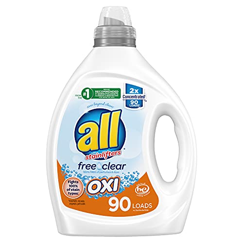 all Liquid Laundry Detergent, Free Clear for Sensitive Skin with OXI, Unscented and Hypoallergenic, 2X Concentrated, 90 Loads