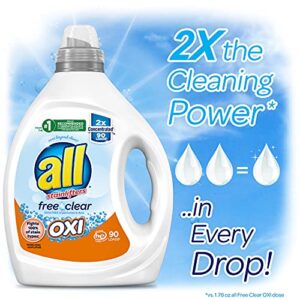 all Liquid Laundry Detergent, Free Clear for Sensitive Skin with OXI, Unscented and Hypoallergenic, 2X Concentrated, 90 Loads