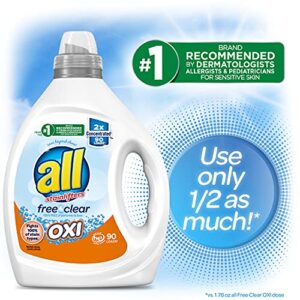 all Liquid Laundry Detergent, Free Clear for Sensitive Skin with OXI, Unscented and Hypoallergenic, 2X Concentrated, 90 Loads