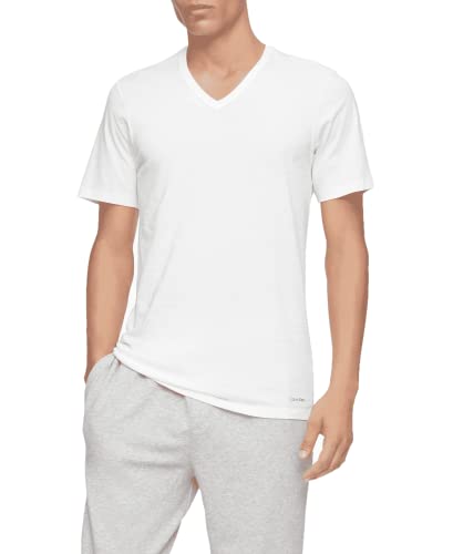 Calvin Klein mens 100% Cotton 3 Pack Short Sleeve Slim Fit V Neck, white - Large