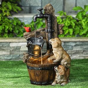 luxenhome water fountain outdoor, 3 tiered puppies and water pump resin outdoor fountains and waterfalls, water fountains with led light, 30 inch brown/yellow, farmhouse garden water fountains outdoor