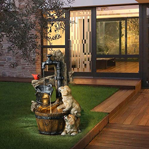 LuxenHome Water Fountain Outdoor, 3 Tiered Puppies and Water Pump Resin Outdoor Fountains and Waterfalls, Water Fountains with LED Light, 30 inch Brown/Yellow, Farmhouse Garden Water fountains outdoor