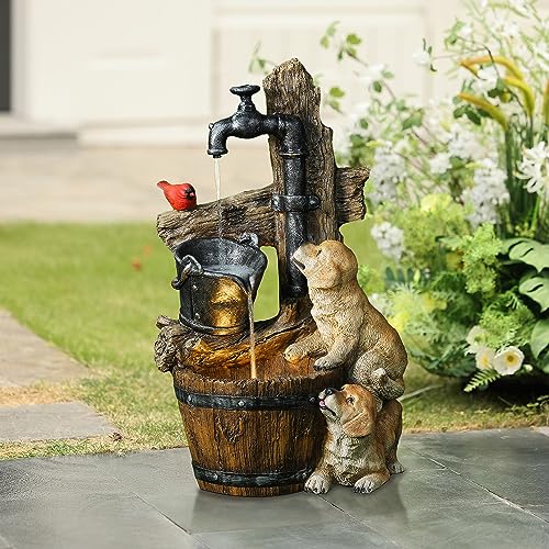 LuxenHome Water Fountain Outdoor, 3 Tiered Puppies and Water Pump Resin Outdoor Fountains and Waterfalls, Water Fountains with LED Light, 30 inch Brown/Yellow, Farmhouse Garden Water fountains outdoor