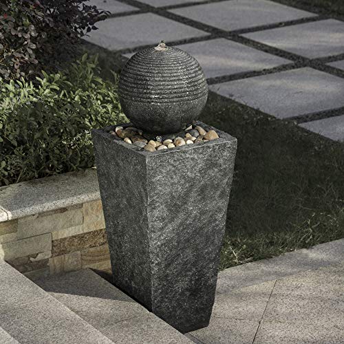 Glitzhome Patio Fountain Waterfall with LED Light Decorative Outdoor Fountain Pedestal Water Fountain with Submersible Pump Vintage Garden Waterfall Decor for Garden Patio Deck Porch, 31.69”H